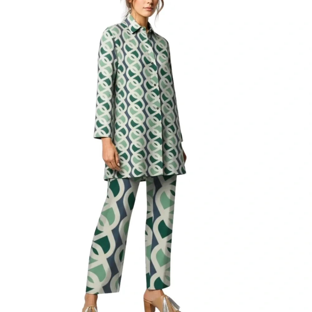new Michelle Two-Piece Set Mint Collared Tunic Shirt and Pants - Picture 4 of 16